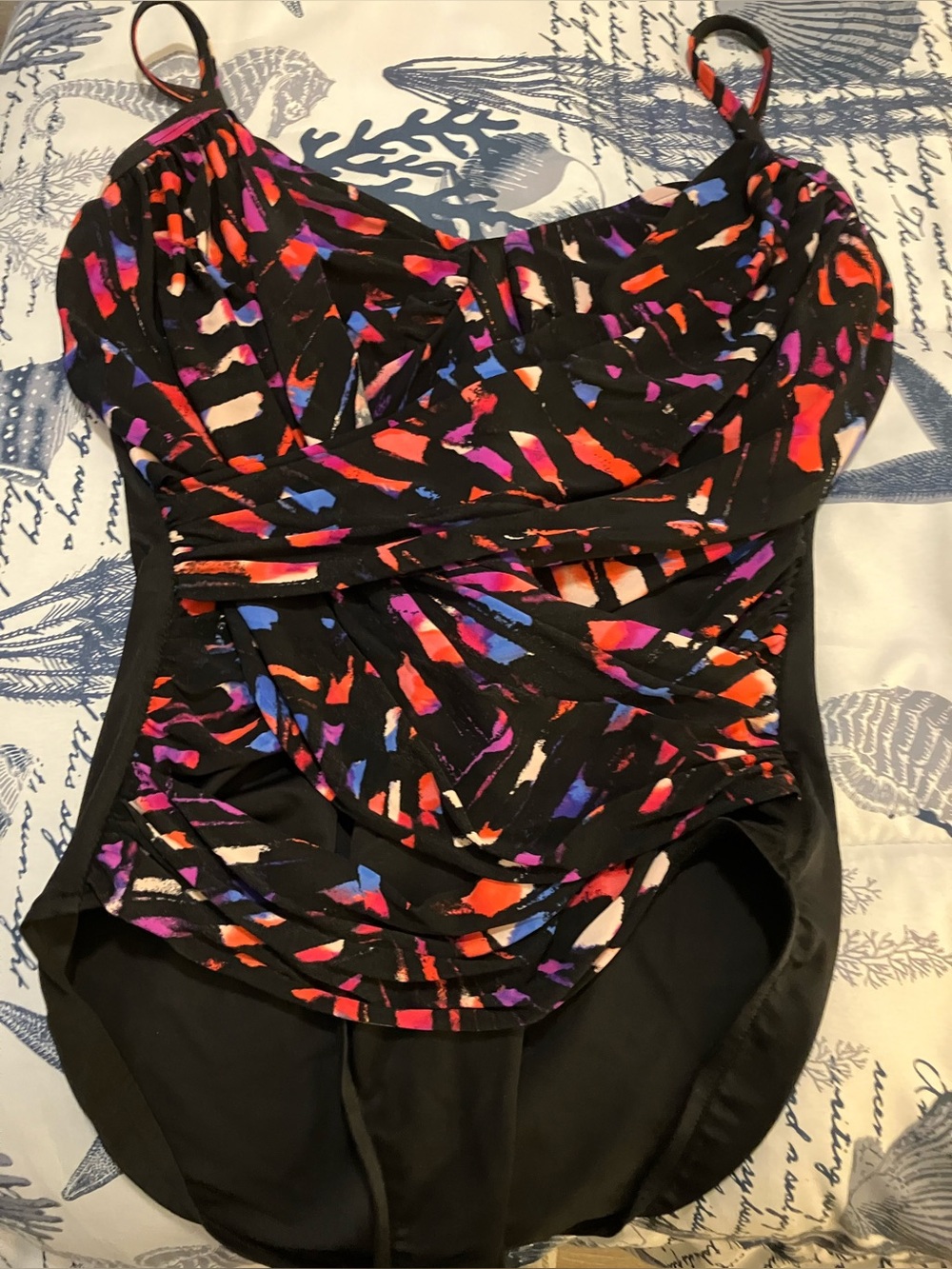 Women's Black Multicolor Ruched bathing suit
